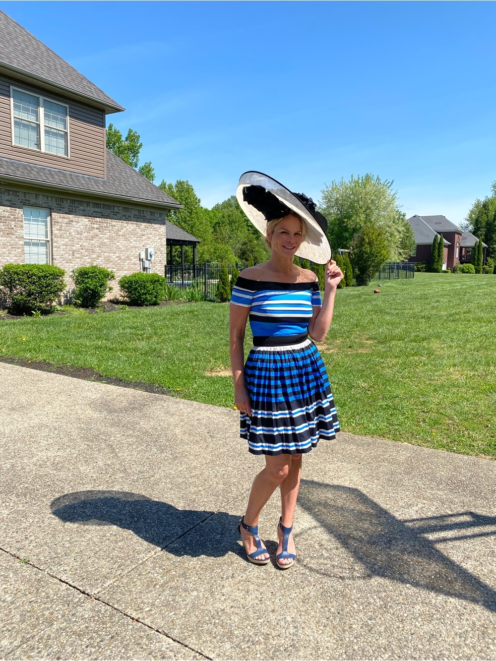 Prada Blue Black White Striped Off-Shoulder Mini Dress